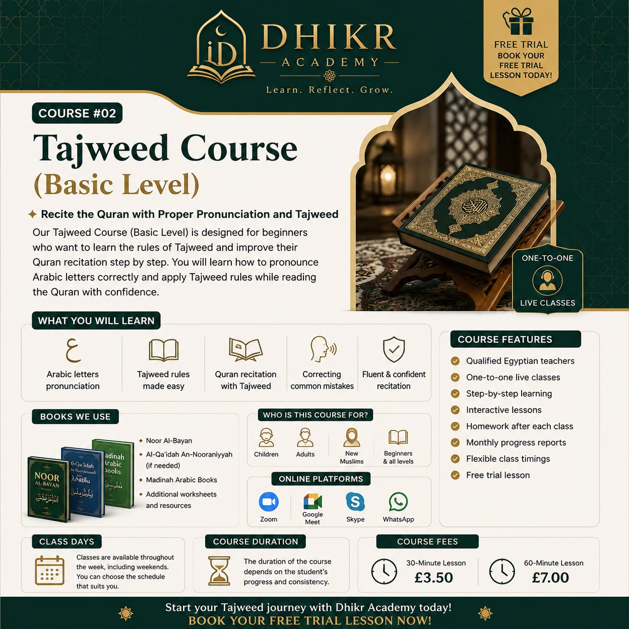 Dhikr Academy Tajweed Course (Basic Level) poster showing curriculum, books, features and fees