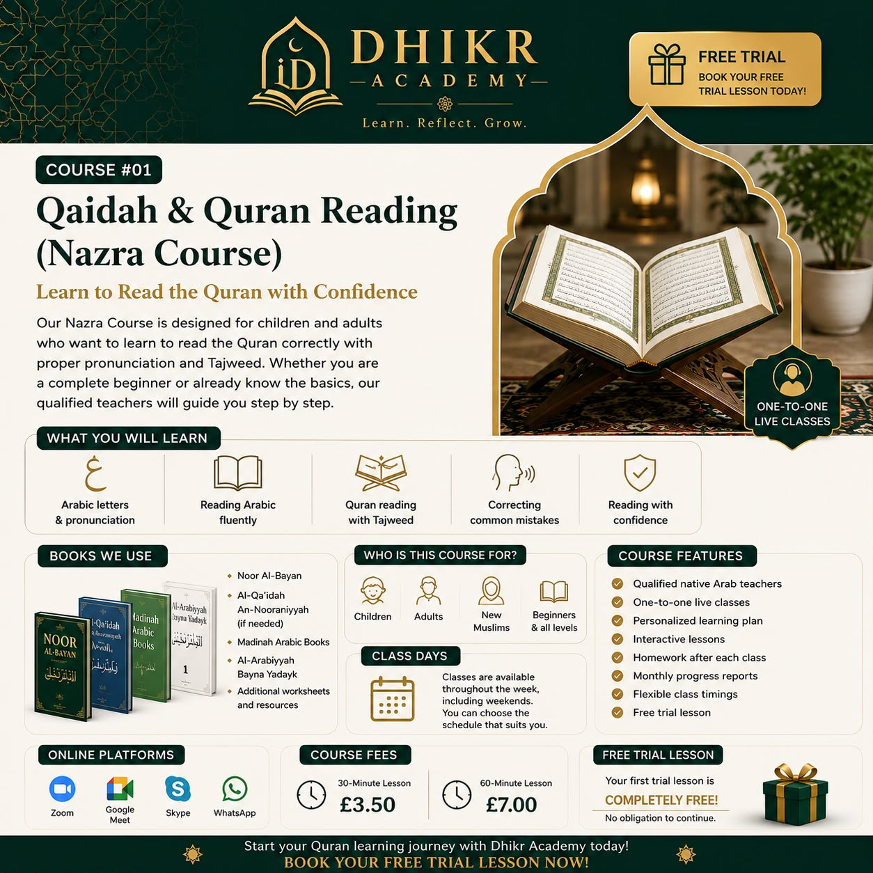 Dhikr Academy Qaidah and Quran Reading (Nazra) course poster showing curriculum, books, platforms and fees