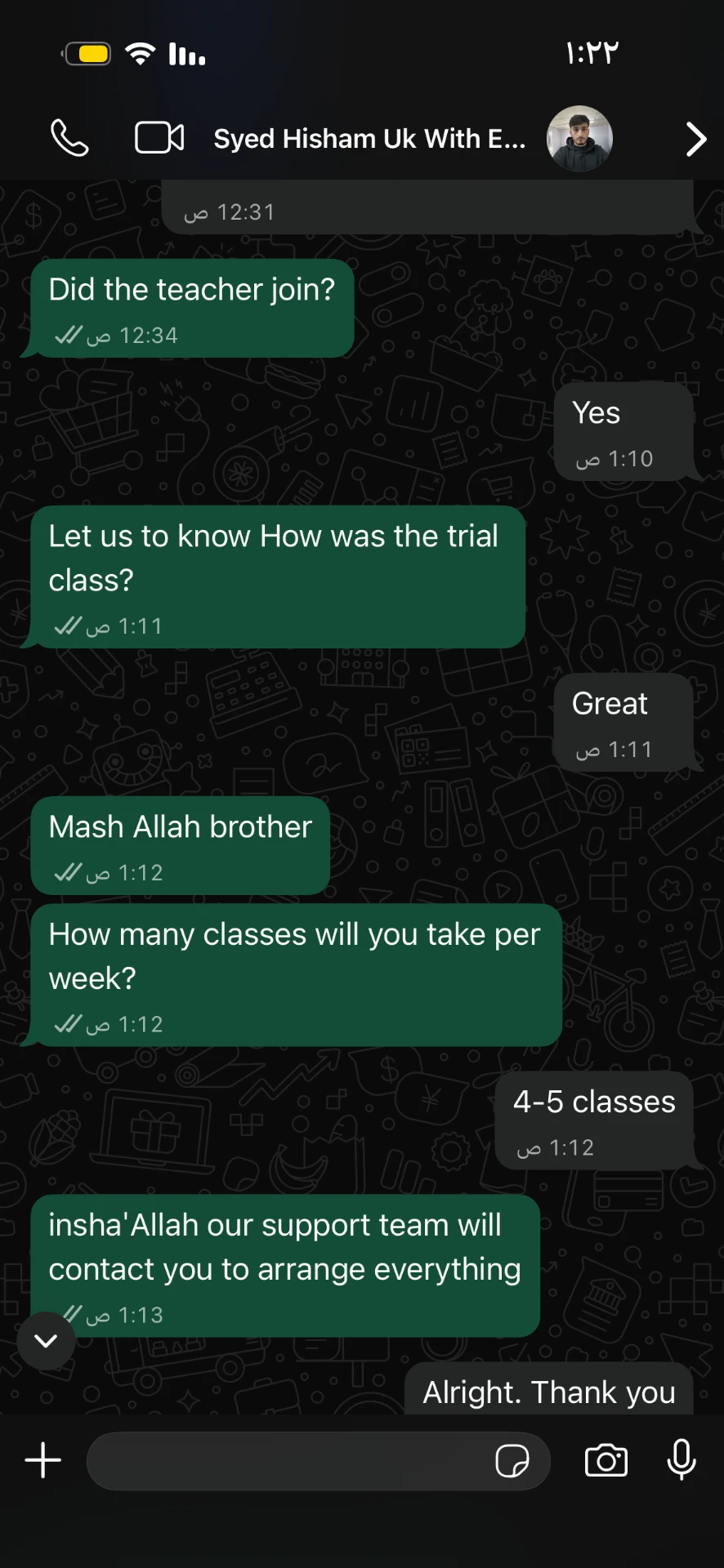 WhatsApp message from a parent saying the trial class was great and booking four to five classes per week