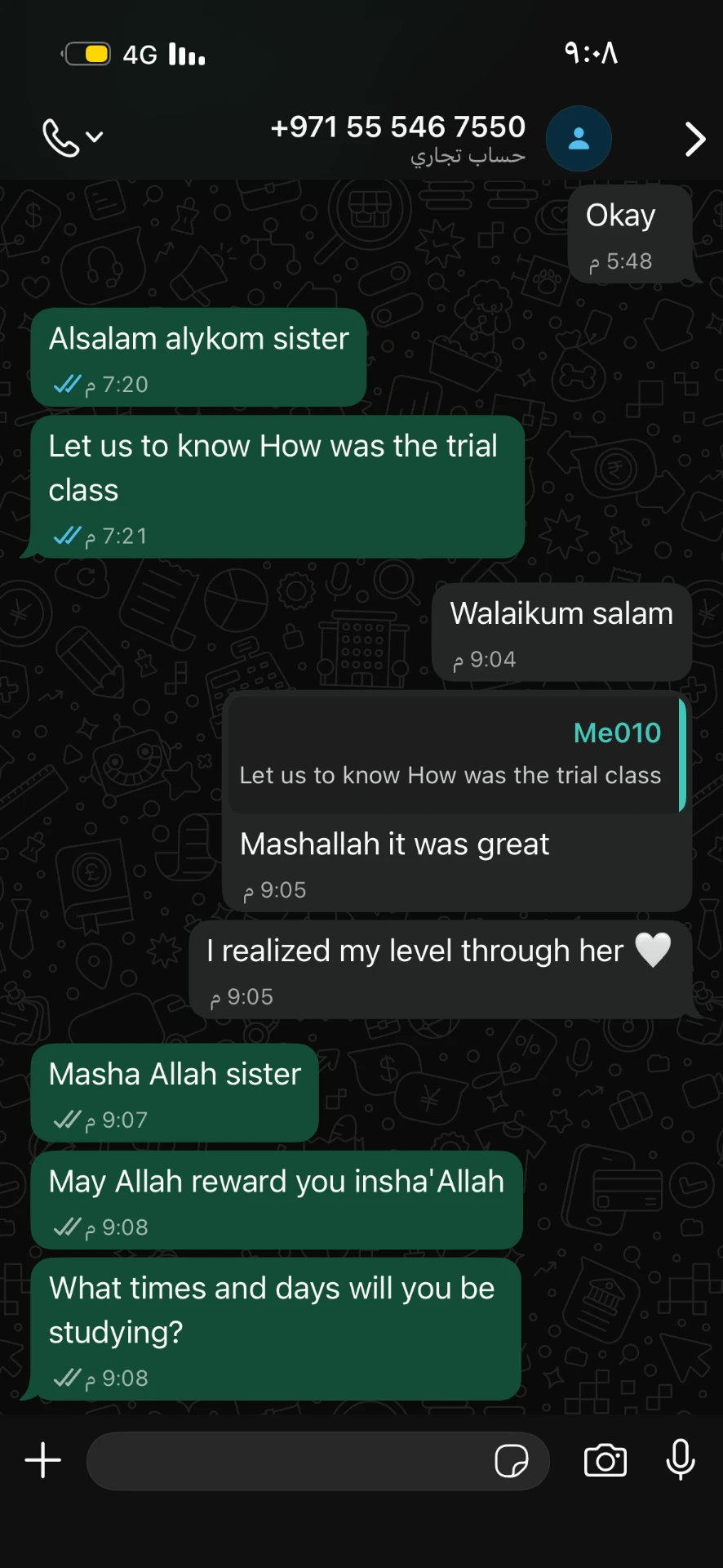 WhatsApp message from a sister saying the trial class was great and she understood her level