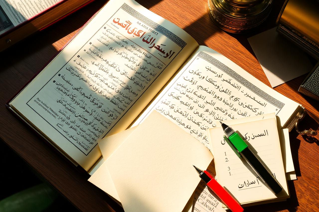 Arabic grammar textbooks, vocabulary flashcards and handwritten notes on a study desk
