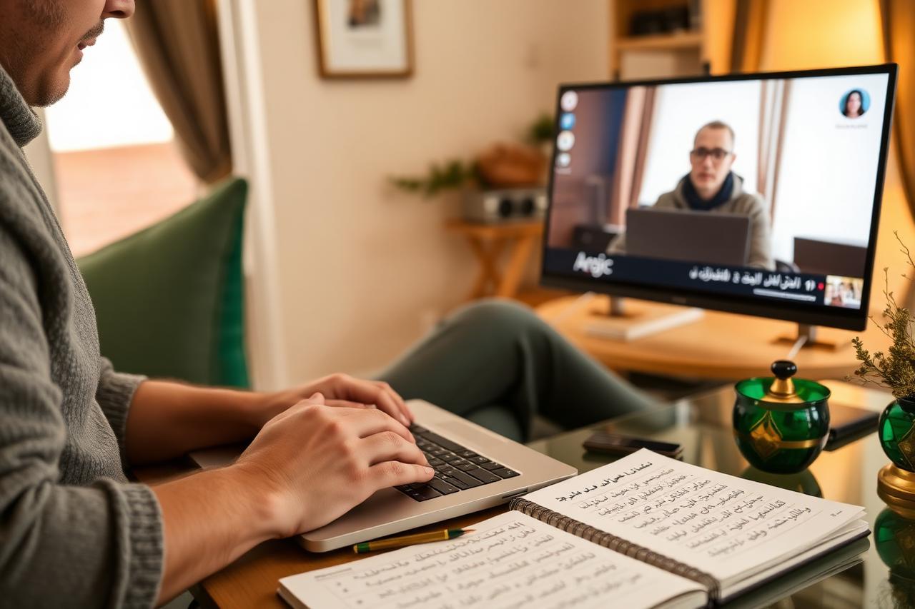 Adult student in a live one-to-one online Quranic Arabic lesson on a laptop