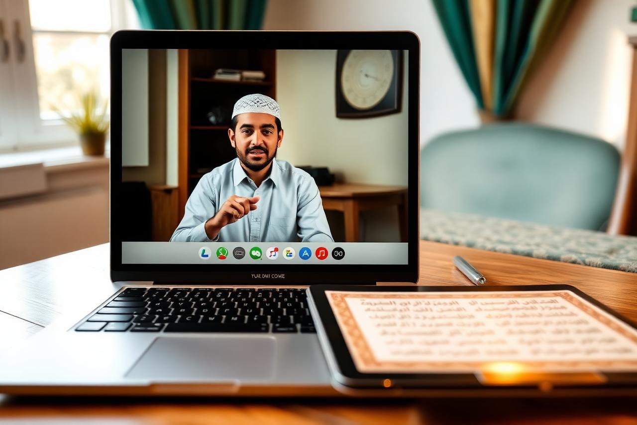 Online one-to-one Tajweed lesson with an Egyptian teacher on a laptop screen