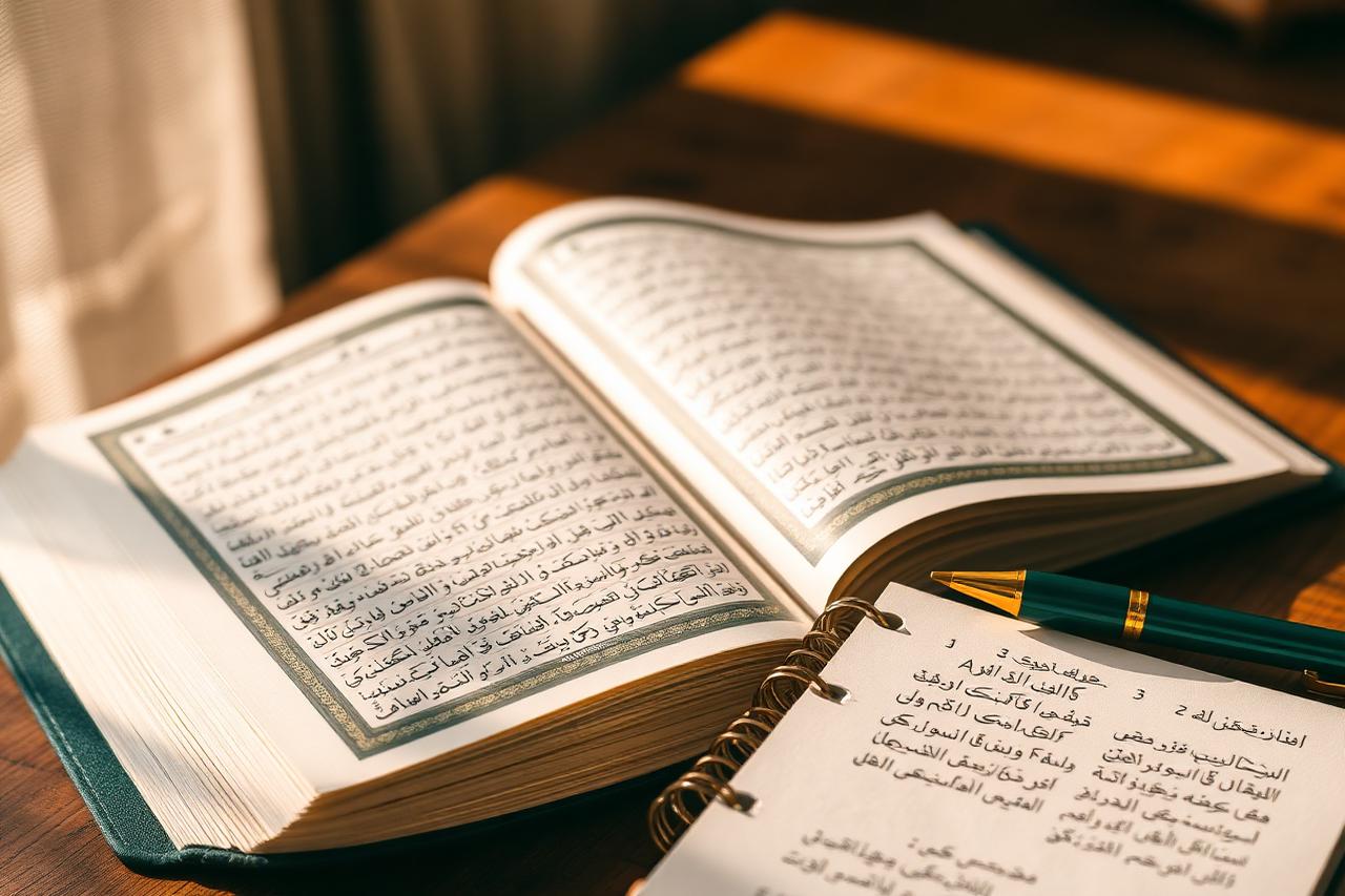 Open Quran mushaf with Tajweed notes and a pen on a wooden desk